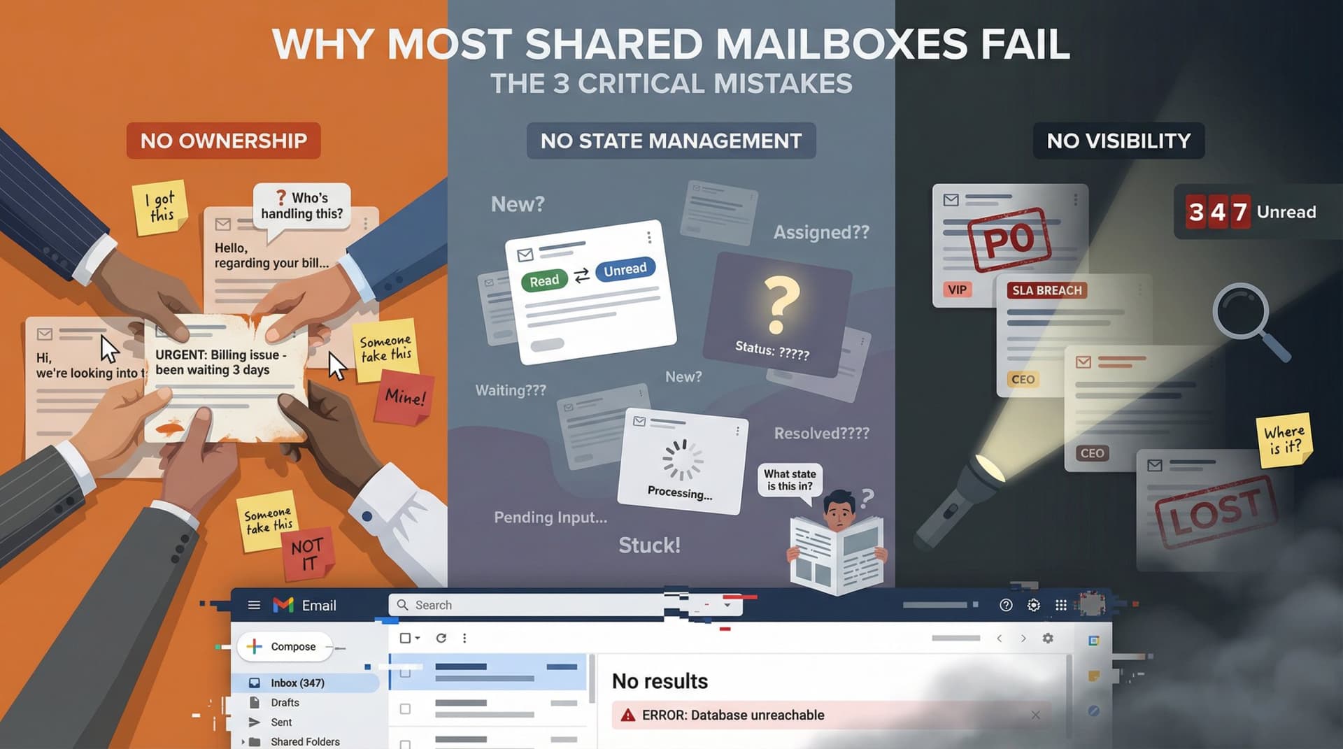 Editorial illustration showing three zones of shared mailbox chaos: no ownership with multiple hands, no state management with emails in limbo, and no visibility with messages disappearing into darkness